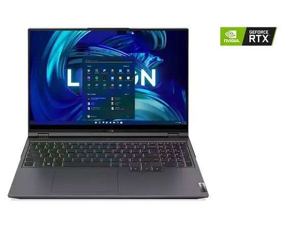 Bird’s eye view of Lenovo Legion 5i Pro Gen 7 (16" Intel) gaming laptop, opened, showing keyboard + display